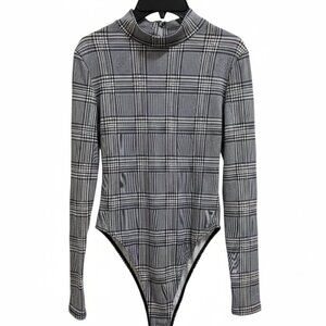 Fashion Nova Glen Plaid Mock Neck Bodysuit - Gray/Black - Small